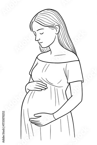 Front-facing line art of a pregnant woman holding her belly, great for maternal health posters, baby product packaging, or parenting education content

