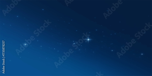 Dark blue night sky background with deep space stars, light, and motion particles