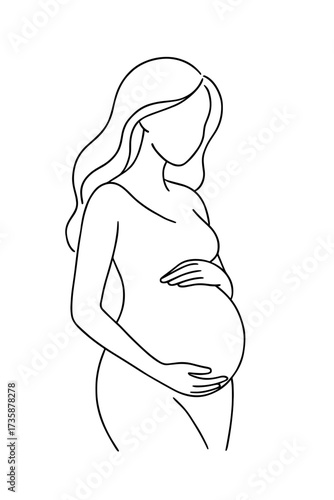Elegant side profile line art of a pregnant woman gently holding her belly, ideal for prenatal care ads, motherhood content, or baby shower invitations
