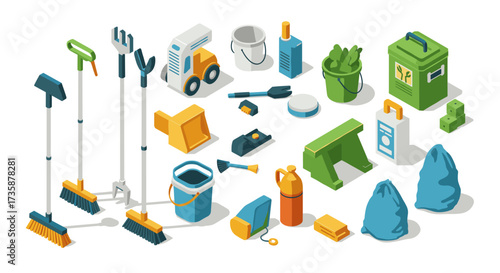 Isometric gardening tools and supplies collection for landscaping and home garden projects