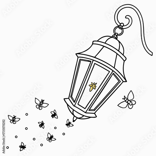 Whimsical illustration of a vintage hanging lantern with a decorative leaf motif attracting a swarm of stylized butterflies and small circles