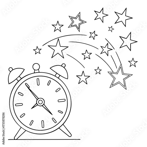 Whimsical outline illustration of a classic alarm clock with a shower of stars emanating upwards and outwards