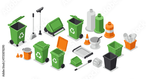 Isometric recycling bins and cleaning tools set for waste management and organization