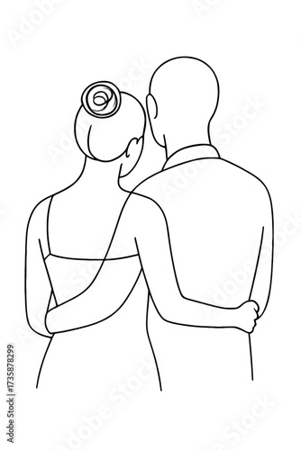 Line art of a couple embracing during pregnancy, perfect for family planning visuals, maternity clinics, relationship support, or prenatal education
