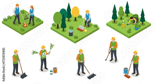 Isometric garden maintenance scenes with workers planting and raking in uniform