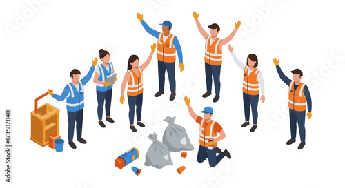 Isometric team cleanup event with workers in high visibility vests and safety gear on white background