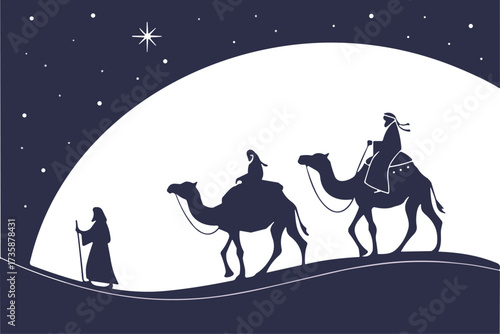 Three Wise Men vector, nativity silhouette, Star of Bethlehem, desert night scene, biblical illustration, Christmas story art, religious graphic