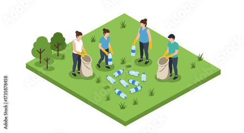 Isometric team cleaning park with recyclable bottles in ecofriendly environment