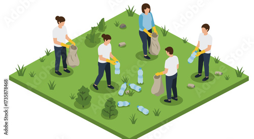 Isometric team collecting plastic for ecofriendly park cleanup