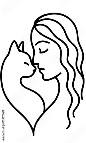 Sweet line art of woman touching noses with cat, symbolizing love and bond between pets and owners, perfect for pet care or animal welfare content
