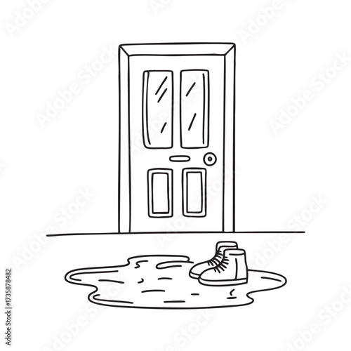 A puddle of water near a pair of shoes by the door