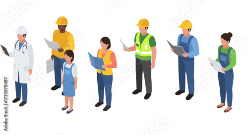 Diverse professionals in isometric style doctor, construction worker, engineer, and teacher team