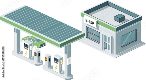 Modern gas station with EV charging, green car, canopy, shop building, sustainable energy, urban infrastructure, eco-friendly transportation vector illustration