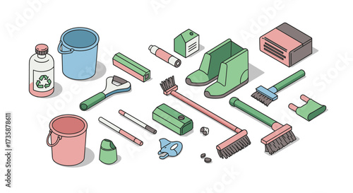 Isometric cleaning supplies on white background brooms, buckets, brushes, and more