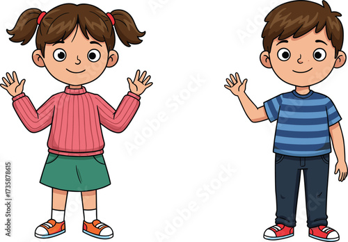 Cartoon children waving and smiling, vector illustration for classroom behavior, child interaction, educational character design, and cheerful learning content themes