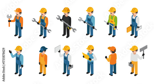 Isometric construction worker icons set with tools and safety gear