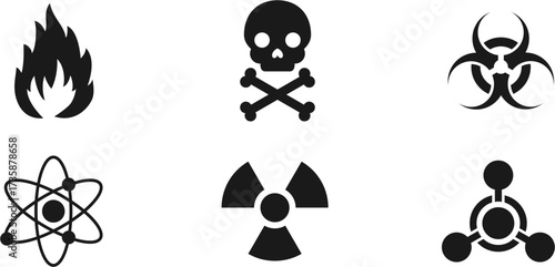 Set of Vector Icons of Dangerous chemical - Black and White - Fire icon, hazardous icon, poisonous icon, skull icon, nuclear radiation icon, radiation. 01.eps