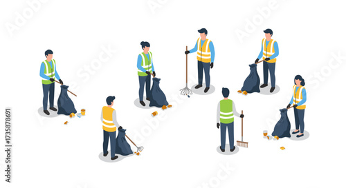 Community cleanup crew in isometric style collecting litter with bags and brooms