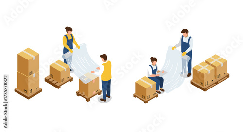 Isometric workers packaging boxes with stretch film in warehouse