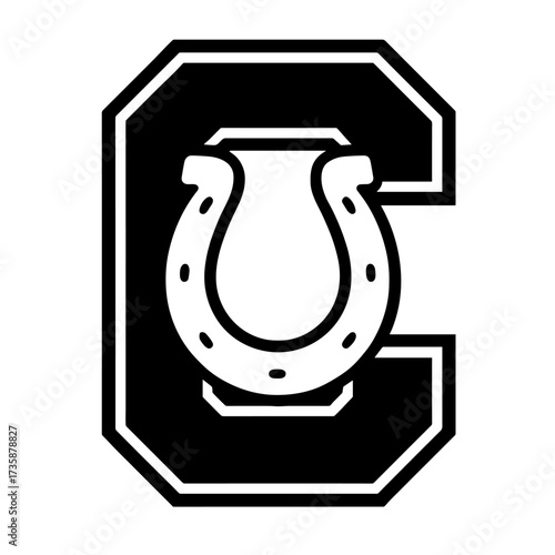 Varsity-style letter C combined with horseshoe icon in black and white vector, great for equestrian teams, western branding, or school mascots
