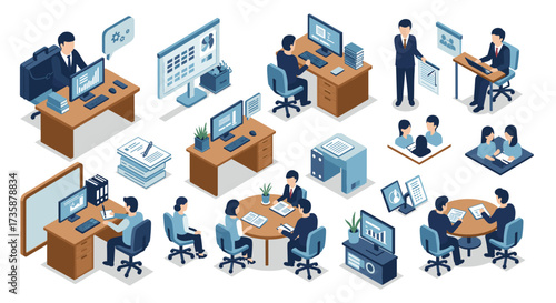 Isometric office scenes teamwork, meetings, and productivity in a modern workplace setting