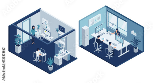 Modern office design in isometric style with open workspace and private meeting room