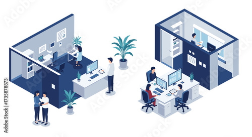Modern workplace design in isometric style with collaborative office spaces