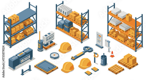 Industrial warehouse equipment and tools in isometric style for logistics and storage solutions