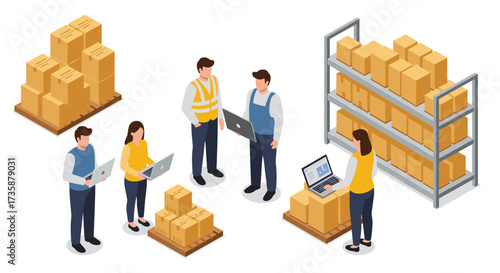 Warehouse team management and logistics in isometric style