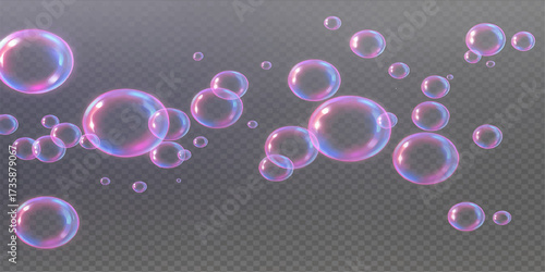 Bright, transparent soap bubbles float gracefully against a deep black background, a perfect liquid circle illustration with hints of blue and purple light
