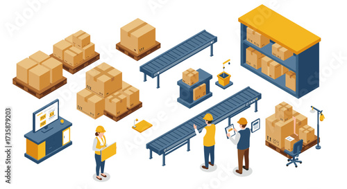 Isometric warehouse logistics with workers, conveyor belts, and cardboard boxes
