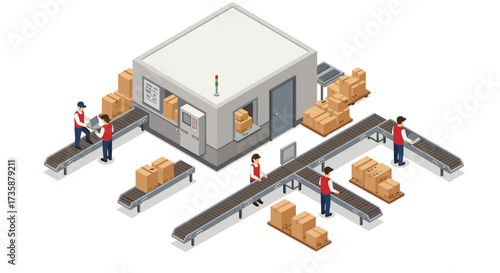 Isometric warehouse with workers organizing boxes on conveyor belts