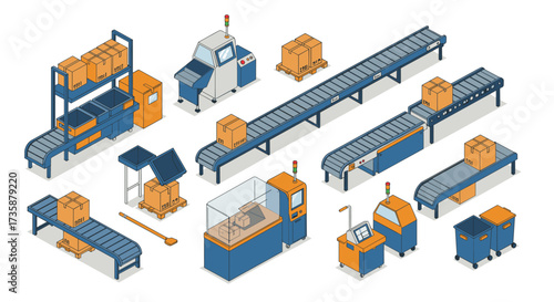 Isometric warehouse automation with conveyor belts and packaging equipment