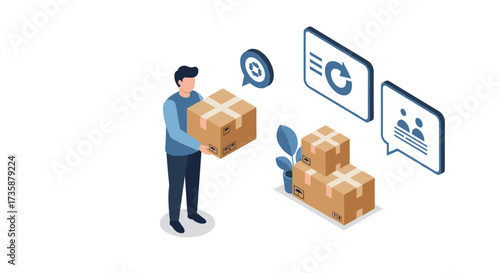 Isometric man managing package delivery and communication