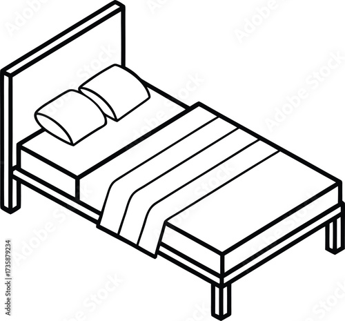 Black Outline Isometric Single Bed – Minimalist Line Art Bedroom Furniture