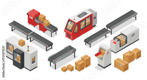 Isometric automated parcel sorting system with conveyor belts and packaging machines