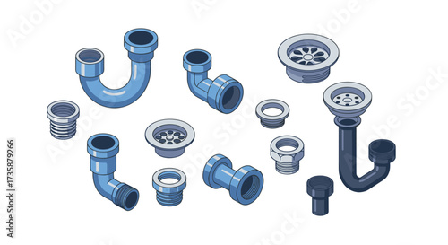 Isometric plumbing components pipes and drains in blue shades for modern design