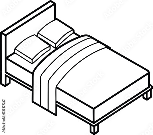 Isometric Minimal Furniture Icon – Single Bed with Pillow and Blanket in Outline Style