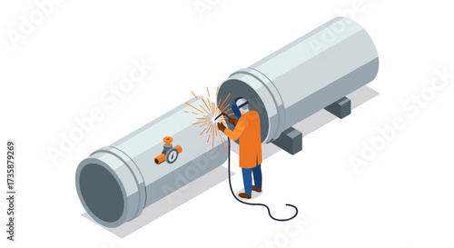 Isometric welding worker with safety gear working on large pipe