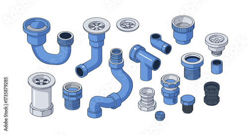 Detailed collection of plumbing fittings and pipes in isometric blue design