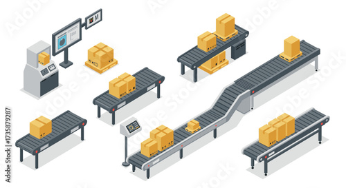 Isometric warehouse conveyor system with cardboard boxes on assembly line