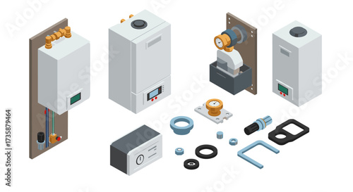 Isometric heating system components boilers, valves, and pipes for modern installation design