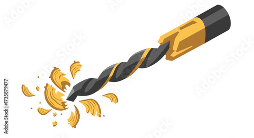 Isometric drill bit with wood shavings in dynamic action