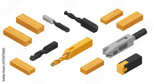 Isometric drill bits and timber blocks on white background