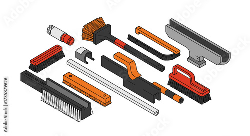 Isometric cleaning tools assortment with brushes and squeegees in modern style