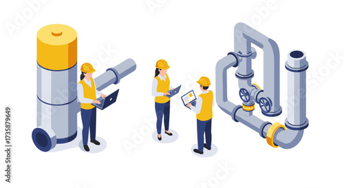 Teamwork in industry engineers analyzing pipeline systems in isometric design