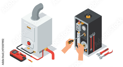 Isometric boiler repair and maintenance with tools realistic 3d visual