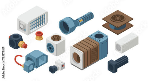 Isometric mechanical components set for engineering and design projects