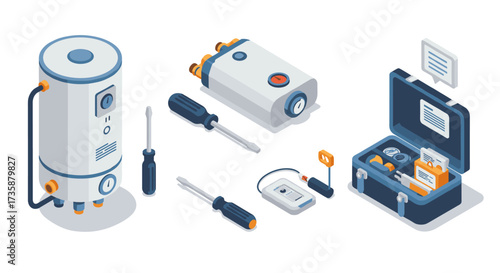 Isometric home appliance installation tools and equipment set