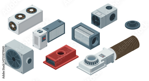 Isometric hvac components diverse air conditioning and ventilation equipment